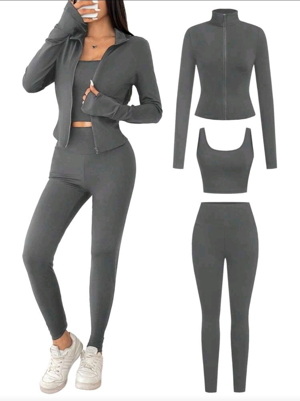 High-Waisted Active Leggings Crop Tank And Jacket- Charcoal Gray - Picture 3 of 3